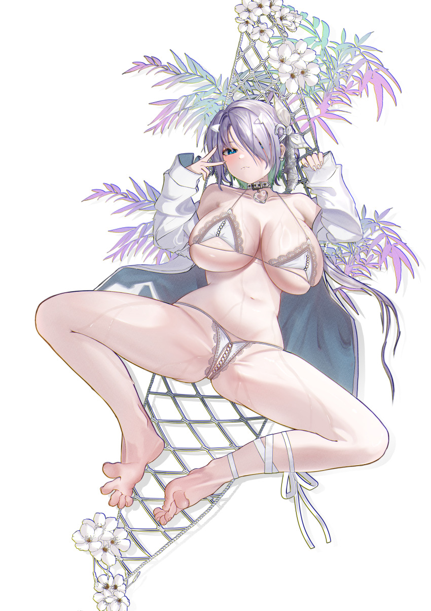1girl absurdres bare_legs bare_shoulders barefoot beads bikini black_choker blue_eyes breasts brid_(nikke) choker cleavage closed_mouth cosplay crotch_cutout feet goddess_of_victory:_nikke hair_over_one_eye halterneck hammock hands_up highres jacket lace lace-trimmed_bikini lace_trim large_breasts leg_ribbon long_sleeves looking_at_viewer navel off_shoulder on_hammock open_clothes open_jacket ribbon short_hair skindentation solo spread_legs stomach string_bikini swimsuit thighs toes tool_slime transparent_background v viper_(nikke) viper_(nikke)_(cosplay) viper_(shine_of_love)_(nikke) wet white_bikini white_hair white_jacket