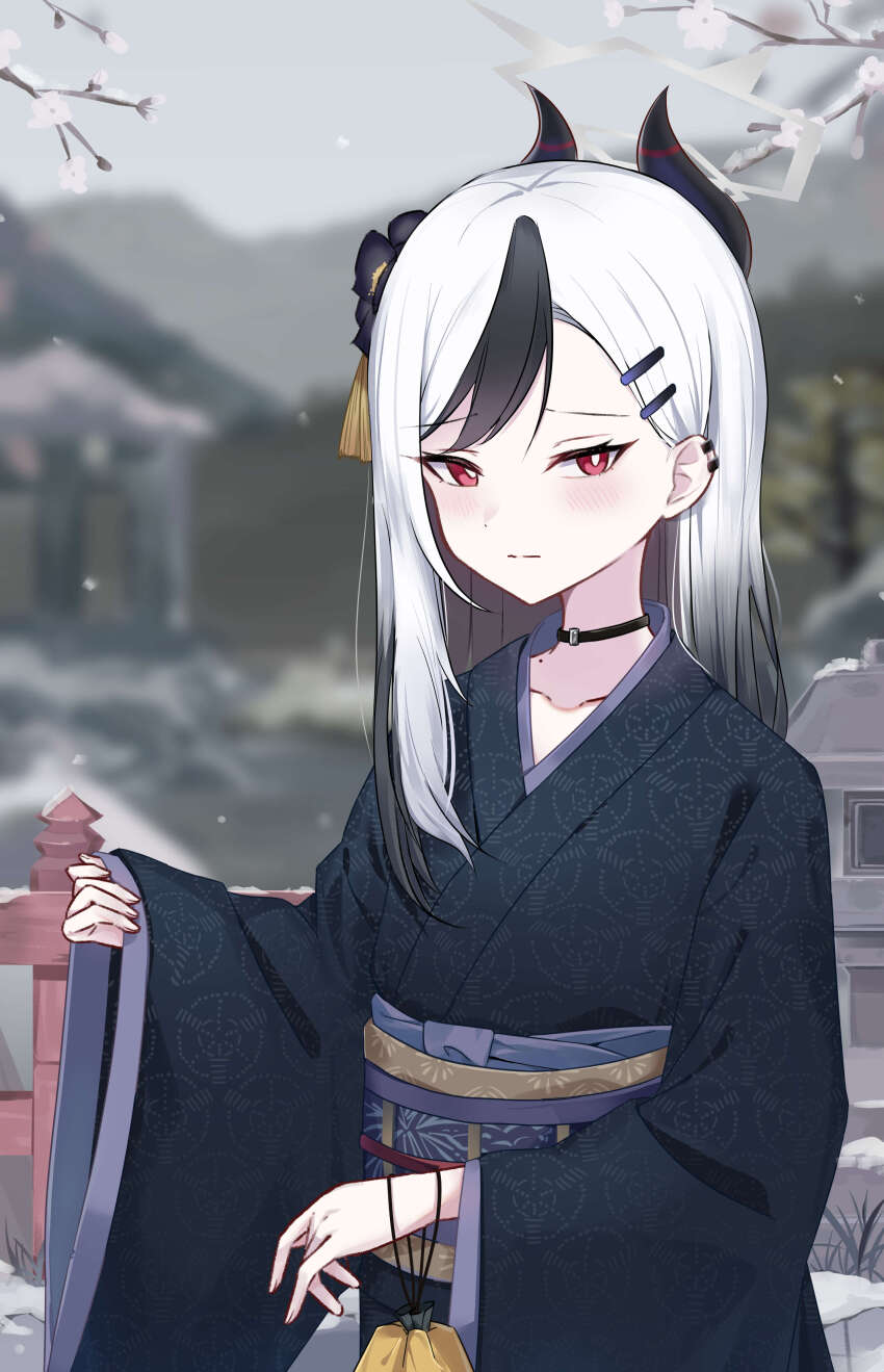 1girl absurdres black_choker black_hair black_horns blue_archive blue_kimono blush bright_pupils choker closed_mouth collarbone commentary_request detached_sleeves earclip flower hair_flower hair_ornament highres horns japanese_clothes kayoko_(blue_archive) kayoko_(new_year)_(blue_archive) kimono long_hair long_sleeves looking_at_viewer multicolored_hair obi official_alternate_costume outdoors red_eyes sash snow solo streaked_hair upper_body wasi white_hair white_pupils wide_sleeves