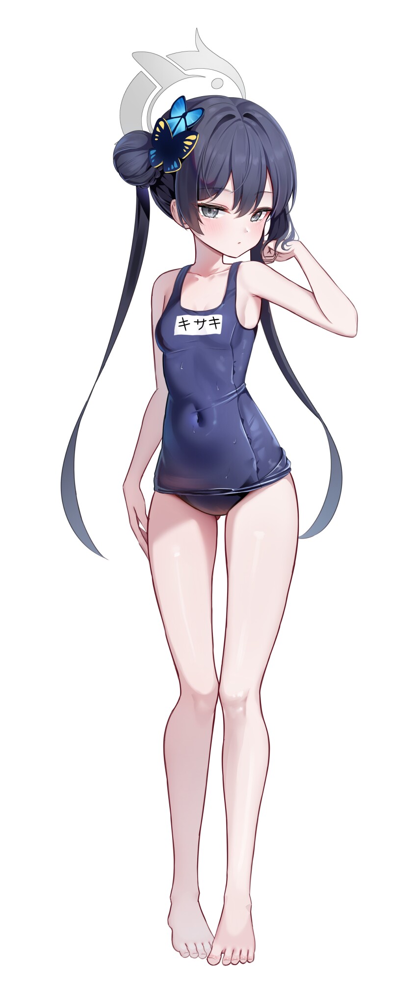 1girl absurdres alternate_costume bare_arms bare_legs bare_shoulders barefoot black_hair blue_archive blue_one-piece_swimsuit braid braided_bun breasts butterfly_hair_ornament closed_mouth commentary double_bun grey_eyes hair_bun hair_ornament highres kisaki_(blue_archive) li_se looking_at_viewer one-piece_swimsuit school_swimsuit small_breasts solo swimsuit twintails
