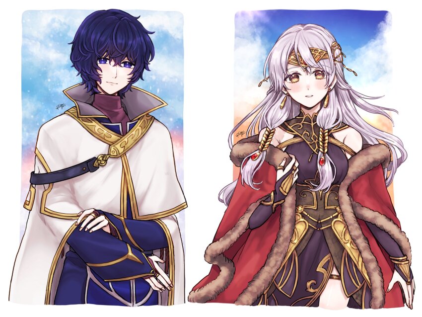 1boy 1girl bare_shoulders black_dress blue_eyes blue_hair blue_robe bridal_gauntlets cape circlet coat dress earrings fire_emblem fire_emblem:_radiant_dawn fire_emblem_cipher fire_emblem_heroes fur_trim gloves grey_hair half_updo highres jewelry long_hair long_sleeves looking_at_viewer micaiah_(fire_emblem) micaiah_(radiant_queen)_(fire_emblem) misato_hao nintendo pelleas_(fire_emblem) red_cape red_coat robe side_slit simple_background sleeveless sleeveless_dress smile turtleneck turtleneck_dress upper_body white_cape yellow_eyes