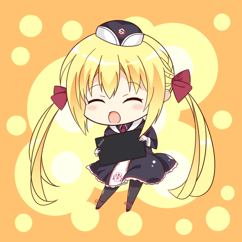 1girl :d ^_^ aoken_3 arihara_nanami black_dress black_hat black_pantyhose blonde_hair blush chibi closed_eyes commentary_request computer dress facing_viewer frilled_dress frills full_body garrison_cap gloves hair_between_eyes happy hat highres holding holding_laptop laptop long_hair long_sleeves necktie open_mouth orange_background pantyhose red_necktie riddle_joker sidelocks simple_background smile solo standing thinkpad twintails very_long_hair white_gloves