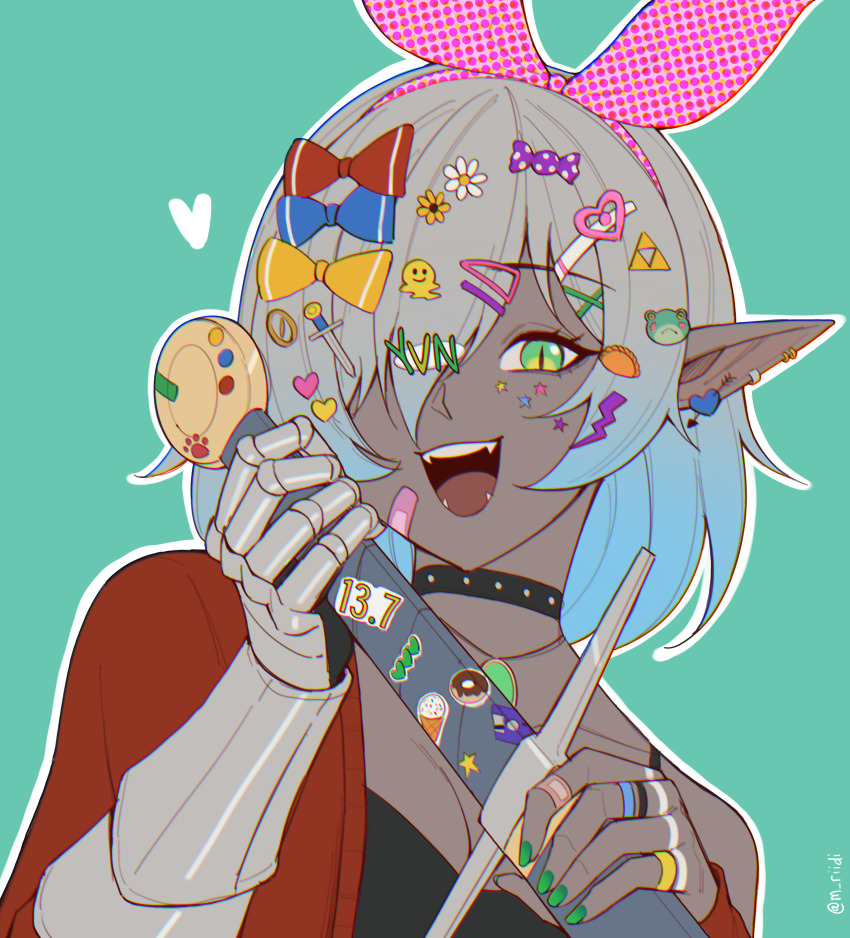 1girl absurdres bandages birthday blue_hair bow daisy_(flower) dark-skinned_female dark_elf dark_skin decora donut elf emoji_hair_ornament floppy_disk flower food frog gauntlets gradient_hair green_background green_eyes green_nails grey_hair hair_bow hair_ornament heart heart_hair_ornament highres ice_cream_cone jewelry lightning_bolt lightning_bolt_hair_ornament lightning_bolt_symbol mawaridi melting_face_emoji multicolored_hair nail_polish no_hair_ornament original pointy_ears ring single_gauntlet slit_pupils star_(symbol) sword sword_hair_ornament sword_hilt triforce two-tone_hair weapon x_hair_ornament yvonne_(mawaridi)