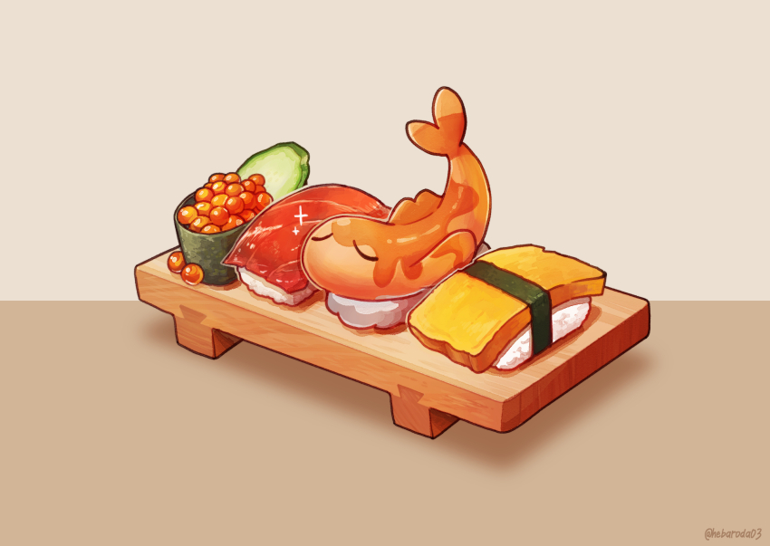 closed_eyes commentary_request fish fish_(food) food hebaroda03 highres ikura_(food) nintendo no_humans pokemon pokemon_(creature) pokemon_focus rice solo sushi sushi_geta tatsugiri tatsugiri_(curly)
