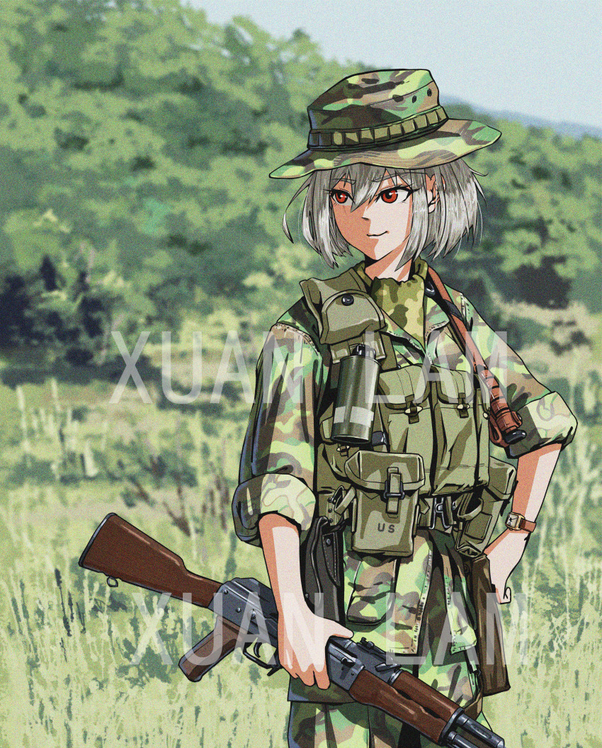 1girl absurdres akm assault_rifle belt_pouch blurry blurry_background camouflage camouflage_headwear camouflage_jacket camouflage_pants commentary commentary_request cowboy_shot english_commentary grey_hair gun hair_between_eyes hand_on_own_hip hat headwear_request highres holding holding_gun holding_weapon holster jacket kalashnikov_rifle military mixed-language_commentary original outdoors pants pouch red_eyes rifle short_hair sleeves_rolled_up smirk smoke_grenade soldier solo standing tudou_jun watch watermark weapon weapon_request wristwatch