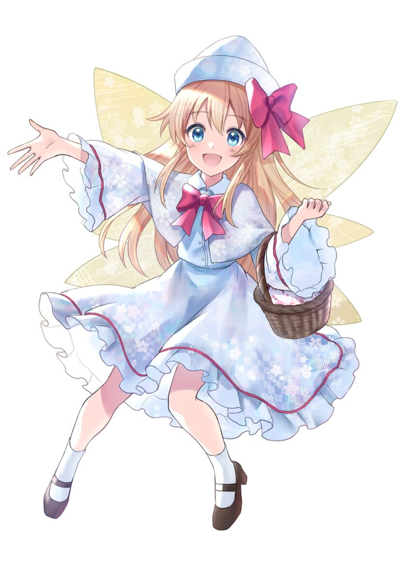 1girl :d ankle_socks black_shoes blonde_hair blue_eyes blush bow bowtie buttons capelet commentary fairy fairy_wings floral_print_capelet floral_print_shirt floral_print_skirt flower_basket frilled_skirt frilled_sleeves frills full_body hands_up hat highres lily_white long_hair long_sleeves looking_at_viewer mary_janes open_mouth red_bow red_bowtie shirt shoes simple_background skirt smile socks solo tanaka_fumiko touhou white_background white_capelet white_hat white_shirt white_skirt white_socks wide_sleeves wing_collar wings