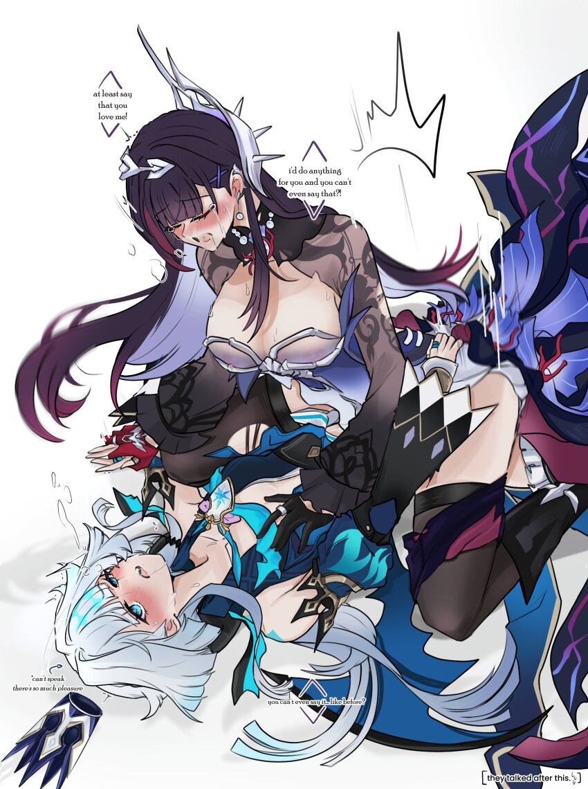 2girls absurdres black_hair black_thighhighs blue_dress blue_eyes blue_hair cerydra_(honkai:_star_rail) choikfu closed_eyes clothed_sex commentary crown crying dress earrings english_text gloves hair_intakes highres honkai:_star_rail honkai_(series) hysilens_(honkai:_star_rail) jewelry long_hair long_sleeves mini_crown multicolored_hair multiple_girls nipples saliva symbol-only_commentary thighhighs very_long_hair white_hair