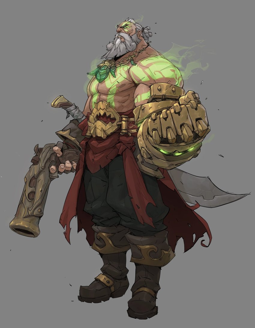 1boy bare_shoulders beard belt black_pants boots brown_boots chain clenched_hand earrings facial_hair full_body gangplank_(league_of_legends) gauntlets glowing glowing_eye grey_background grey_hair gun hicham_habchi highres holding holding_gun holding_weapon jewelry knee_boots league_of_legends male_focus muscular muscular_male necklace pants ruined_king:_a_league_of_legends_story short_hair simple_background solo standing sword weapon