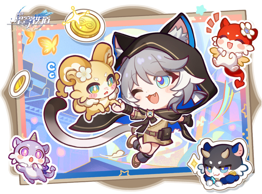 1girl ;o aglaea_(honkai:_star_rail) animal animal_ear_fluff animal_ears animal_hood animalization blue_eyes brown_dress castorice_(honkai:_star_rail) cat_ears cat_hood cat_tail chibi chibi_only chimera_(honkai:_star_rail) chinese_commentary cipher_(honkai:_star_rail) coin commentary_request copyright_name dress fang gold_coin gold_shoes grey_hair highres holding holding_animal honkai:_star_rail honkai_(series) hood official_art one_eye_closed open_mouth shoes short_hair_with_long_locks tail tribbie_(honkai:_star_rail)