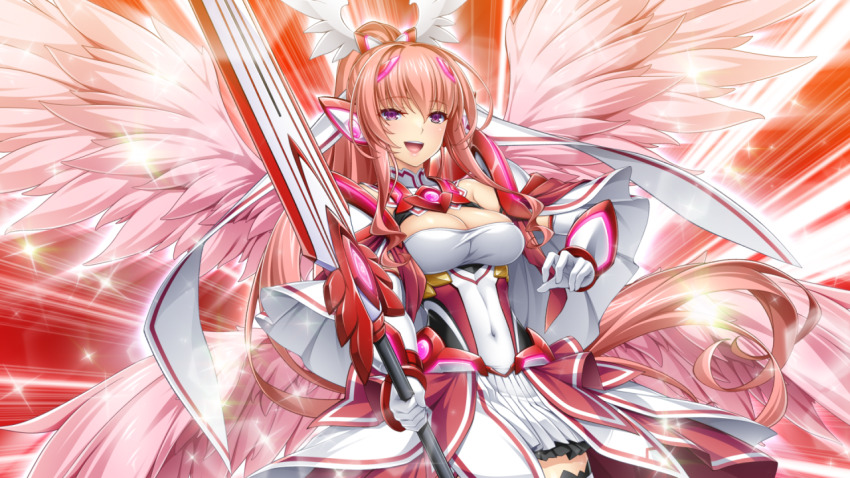 1girl :d angel_wings breasts celestia_paladin cleavage covered_navel dress elbow_gloves feathered_wings game_cg gauntlets gloves hair_between_eyes headgear holding holding_sword holding_weapon inoino kouyoku_senki_exs-tia large_breasts long_hair looking_at_viewer multiple_wings non-web_source official_art open_mouth pink_hair pink_wings pleated_skirt ponytail purple_eyes red_background ribbon rieszverne_suzette_paladill skirt smile solo sparkle standing sword teeth upper_teeth_only very_long_hair weapon white_dress white_gloves white_skirt white_wings wings