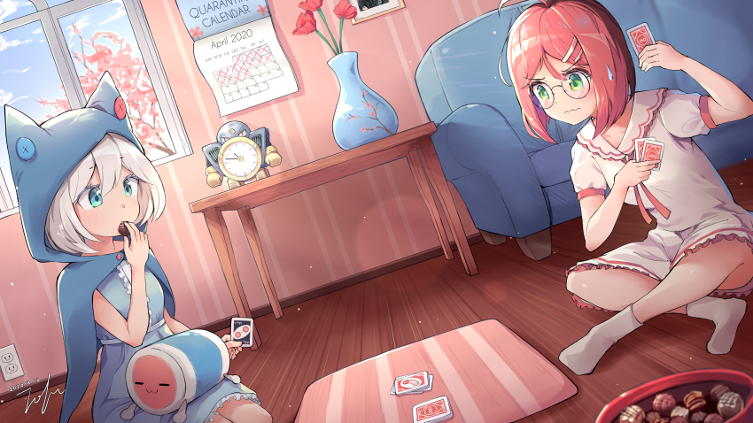 1other 2020 2girls absurdres ahoge air_man air_man_ga_taosenai alternate_costume analog_clock aqua_eyes blue_cape blue_dress blush calendar_(object) cape cherry_blossoms chirou_(osu!) chocolate clock clothing_request commentary couch dated dress dutch_angle electrical_outlet english_commentary english_text flower food glasses green_eyes hair_between_eyes hair_ornament hairclip highres holding holding_chocolate holding_food hood hooded_cape lens_flare mega_man_(classic) mega_man_(series) mega_man_2 multiple_girls on_floor osu! picture_frame pink_hair pippi_(osu!) short_hair signature sleeveless sleeveless_dress slice_of_life socks table taiko_no_tatsujin tofumang uno_(game) v-shaped_eyebrows vase wada_don wavy_mouth white_hair white_socks window wooden_table