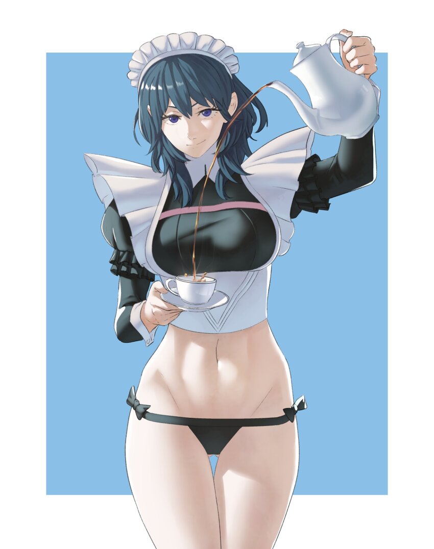 1girl alternate_costume black_panties black_thighhighs blue_background blue_eyes blue_hair breasts female_byleth_(fire_emblem) covered_pussy cup fire_emblem fire_emblem:_three_houses gluteal_fold highres long_sleeves maid maid_headdress medium_breasts medium_hair navel nintendo panties pomelomelon smile solo standing stomach tea teacup teapot thighhighs thighs underwear wrist_cuffs
