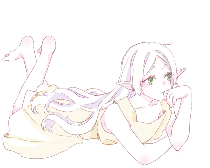 1girl absurdres bare_arms bare_shoulders barefoot brown_dress closed_mouth collarbone crossed_ankles dress elf feet_up frieren full_body green_eyes hand_to_own_mouth hand_up highres legs_up long_hair lying on_stomach parted_bangs petite pleated_dress pointy_ears seila_rei short_eyebrows simple_background sleeveless sleeveless_dress solo sousou_no_frieren the_pose thick_eyebrows toes very_long_hair white_background white_hair