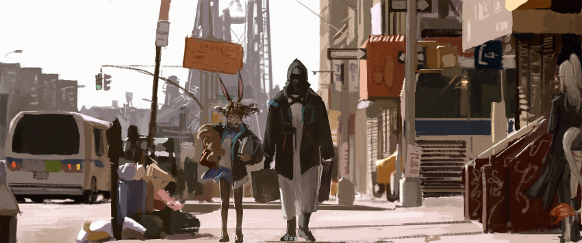 1girl 2others amiya_(arknights) animal_ears arknights black_coat black_gloves black_jacket black_pantyhose blue_eyes blue_skirt brown_hair coat doctor_(arknights) gloves highres holding hood hood_up hooded_jacket jacket leon_(leon_the_professional) leon_the_professional lingear long_hair long_sleeves mathilda_lando multiple_others open_clothes outdoors pantyhose parody rabbit_ears rabbit_girl road scene_reference shirt skirt street walking white_shirt wide_shot