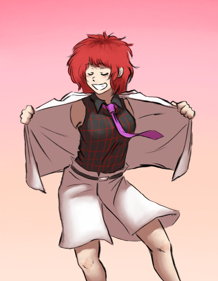 1girl black_shirt bread_master closed_eyes collared_shirt commentary garfield gradient_background highres horikawa_raiko jon_arbuckle necktie open_clothes open_vest pink_background plaid_clothes plaid_shirt purple_necktie red_hair shirt short_hair skirt touhou vest white_skirt white_vest