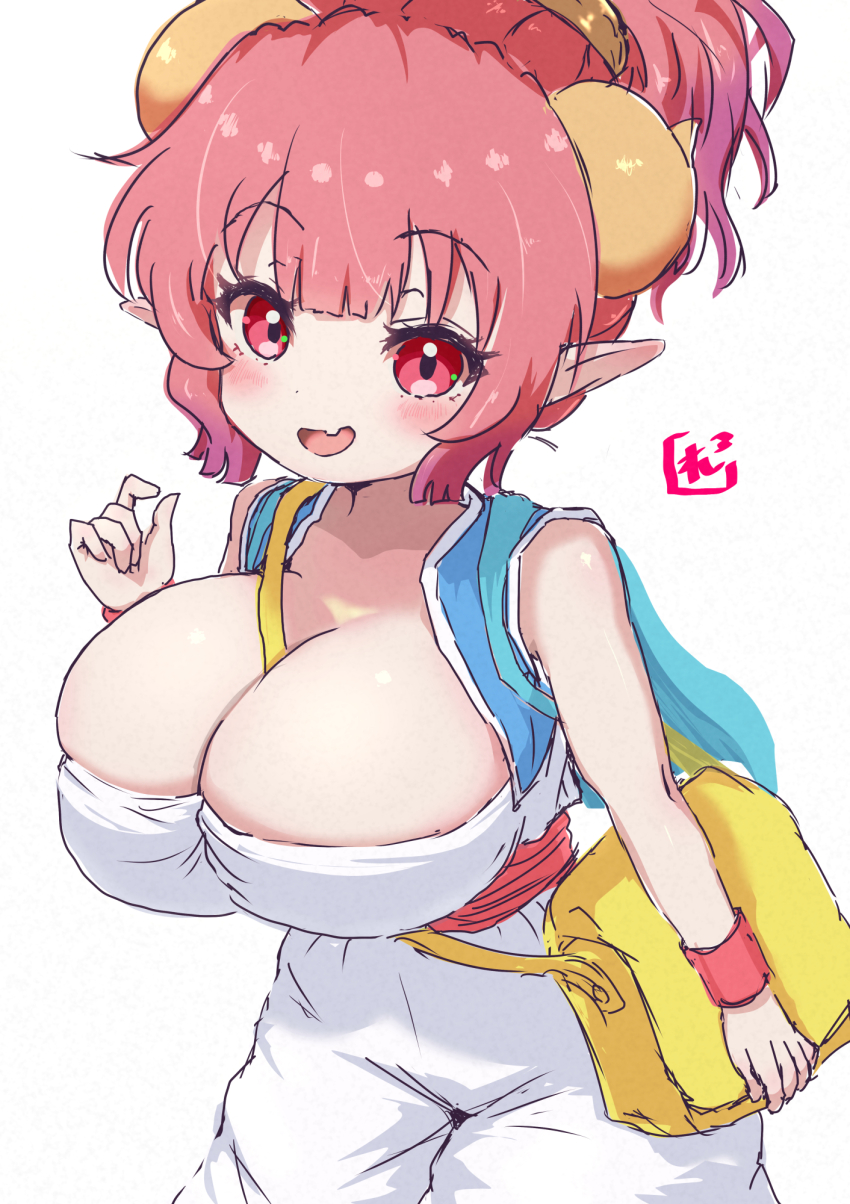 1girl bag between_breasts blue_vest breasts cleavage cosplay cropped_vest dragon_girl dragon_horns dragon_quest dragon_quest_iii dress fang hair_up handbag highres horns huge_breasts ilulu_(maidragon) kobayashi-san_chi_no_maidragon merchant_(dq3) merchant_(dq3)_(cosplay) open_mouth pointy_ears ponytail red_eyes red_hair red_sash reiwa_rerere sash skin_fang sleeveless solo standing strap_between_breasts vest white_background white_dress wristband yellow_bag