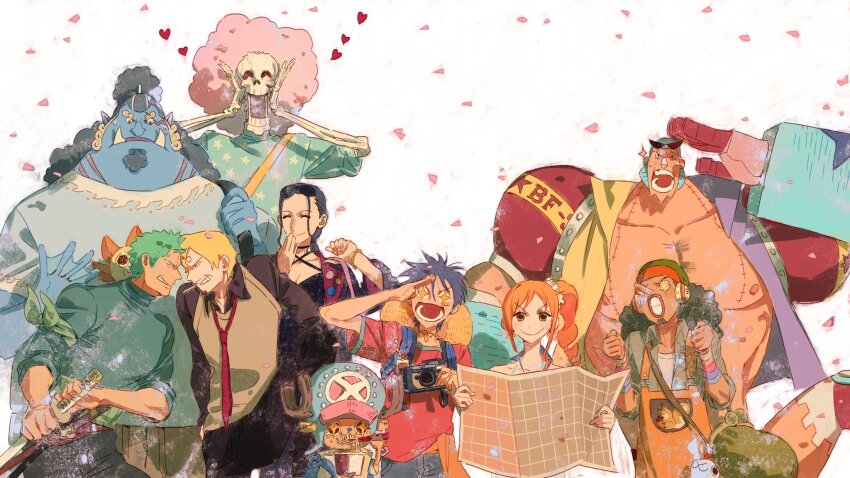 2girls 6+boys ^_^ afro bag black_hair blonde_hair blue_hair brook_(one_piece) buzz_cut camera closed_eyes commentary cross eyewear_on_head facial_hair franky_(one_piece) goatee green_hair hat heart highres holding holding_camera holding_map holding_sword holding_weapon jinbe_(one_piece) long_nose map monkey_d._luffy multiple_boys multiple_girls nami_(one_piece) nico_robin one_piece orange_hair pink_hair pink_petals ponytail red_shirt roronoa_zoro sanji_(one_piece) satchel shirt short_hair sideburns simple_background siyangou49 skeleton smile straw_hat_pirates sweatdrop sword t-shirt tony_tony_chopper upper_body usopp very_short_hair weapon white_background