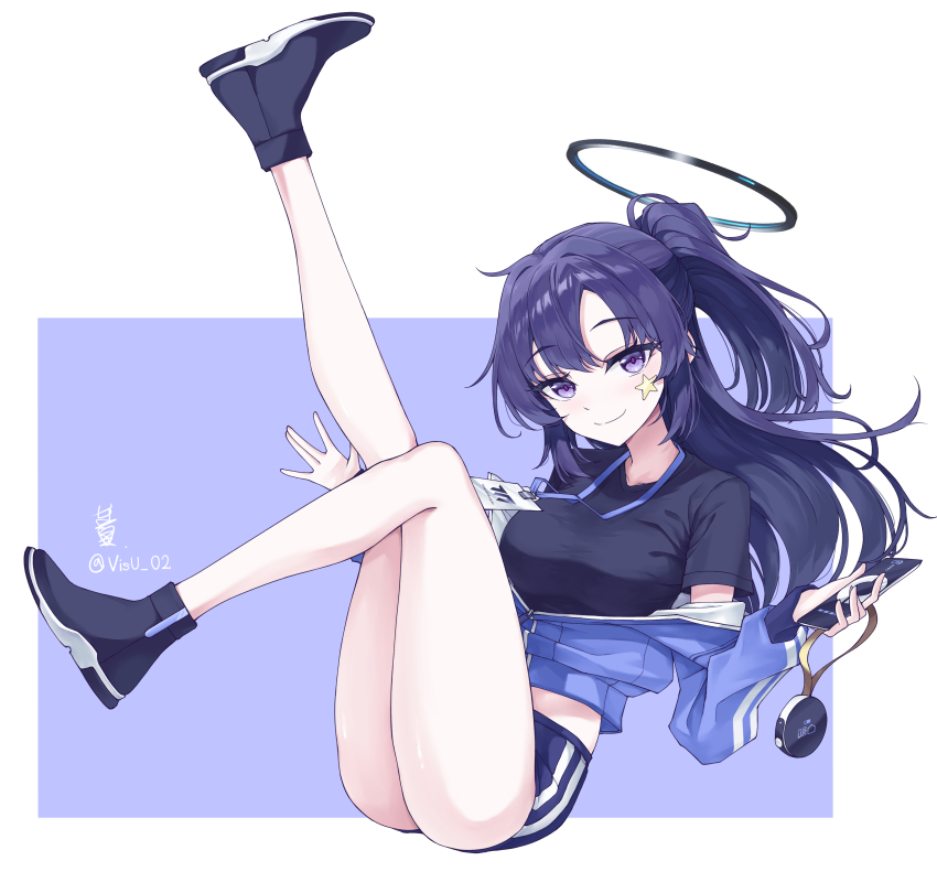 1girl absurdres black_footwear black_halo black_shirt blue_archive blue_background blue_buruma blue_hair buruma commentary_request half_updo halo highres holding holding_phone knee_up korean_commentary leg_up light_blue_jacket long_hair long_sleeves looking_at_viewer midriff off_shoulder official_alternate_costume official_alternate_hairstyle phone puffy_long_sleeves puffy_sleeves shirt short_sleeves simple_background solo two-tone_background visu_02 white_background yuuka_(blue_archive) yuuka_(track)_(blue_archive)
