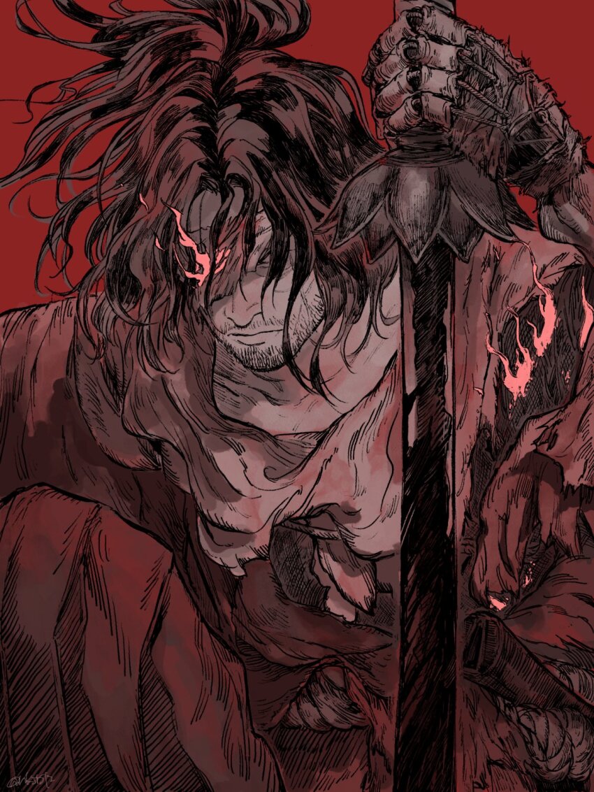 1boy bad_end beard_stubble blood bloody_weapon close-up closed_mouth dark_persona expressionless eyepatch facial_hair facial_scar floating_hair fune_(nkjrs12) hair_over_eyes highres holding holding_sword holding_weapon japanese_clothes male_focus mechanical_arms messy_hair ninja on_one_knee planted planted_sword planted_weapon ponytail prosthesis prosthetic_arm red_background scar scar_on_cheek scar_on_face sekiro sekiro:_shadows_die_twice sheath shura_(sekiro) single_mechanical_arm stubble sword topknot torn_clothes weapon