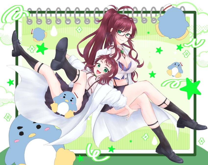 2girls :3 between_breasts black_footwear black_socks bolo_tie bra breasts convenient_censoring crossed_legs dual_persona green_eyes hair_intakes high_ponytail highres kikka_1003 kimi_no_koto_ga_dai_dai_dai_dai_daisuki_na_100-nin_no_kanojo lab_coat legwear_garter loafers long_hair miniskirt mole mole_on_breast multiple_girls open_clothes open_shirt outstretched_arms ponytail purple_bra red_hair semi-rimless_eyewear shoe_soles shoes sitting sketchbook skirt sleeves_rolled_up smile socks spread_arms star_(symbol) stuffed_animal stuffed_penguin stuffed_toy suspender_skirt suspenders underwear yakuzen_kusuri yakuzen_kusuri_(older)