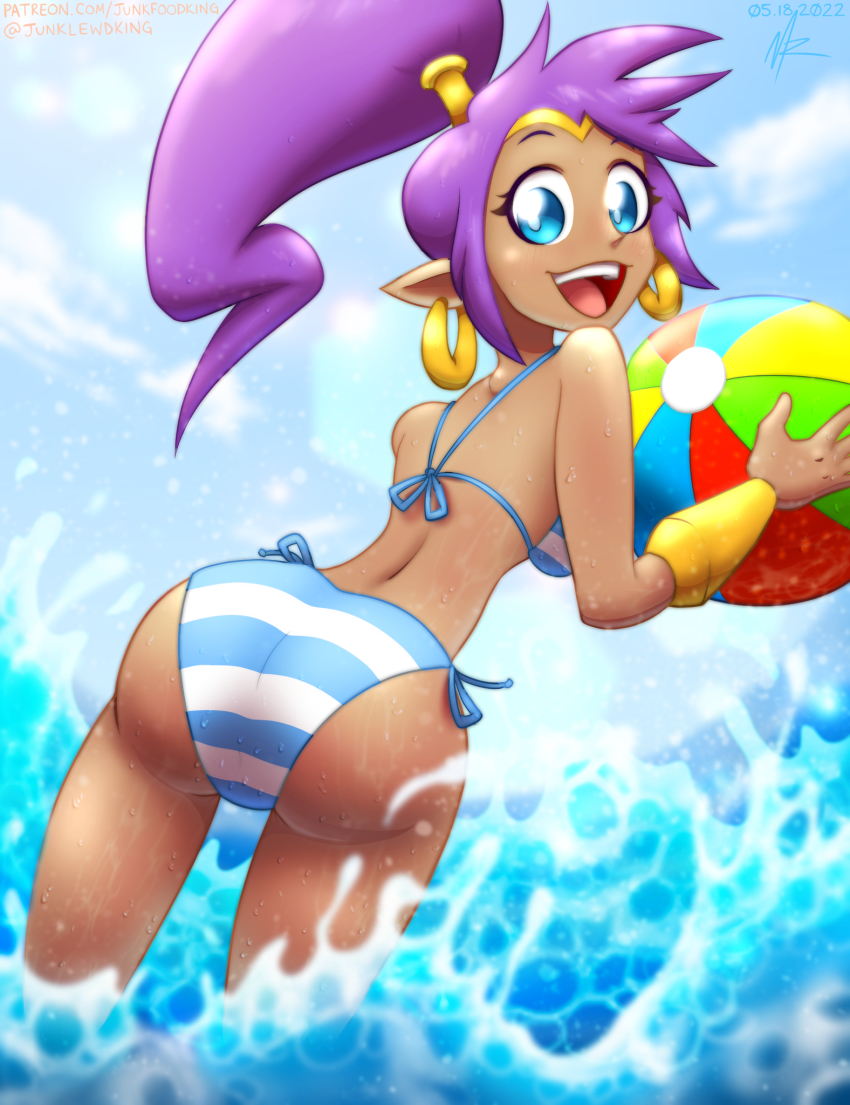 1girl ass ball beach beachball bikini blue_eyes blue_sky bracelet cloud dark-skinned_female dark_skin earrings genie highres jewelry junk_food_king looking_at_viewer looking_back ocean pointy_ears ponytail purple_hair shantae shantae_(series) sky solo string_bikini striped_bikini striped_clothes swimsuit water waves wayforward wet
