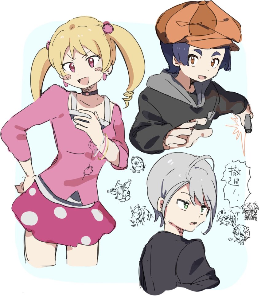astamon blonde_hair blush digimon digimon_xros_wars digimon_xros_wars:_toki_wo_kakeru_shounen_hunter-tachi dracumon hair_ornament hairpin highres japanese_text long_hair mogami_ryouma opossummon pink_eyes suzaki_airu tobari_ren translation_request twintails