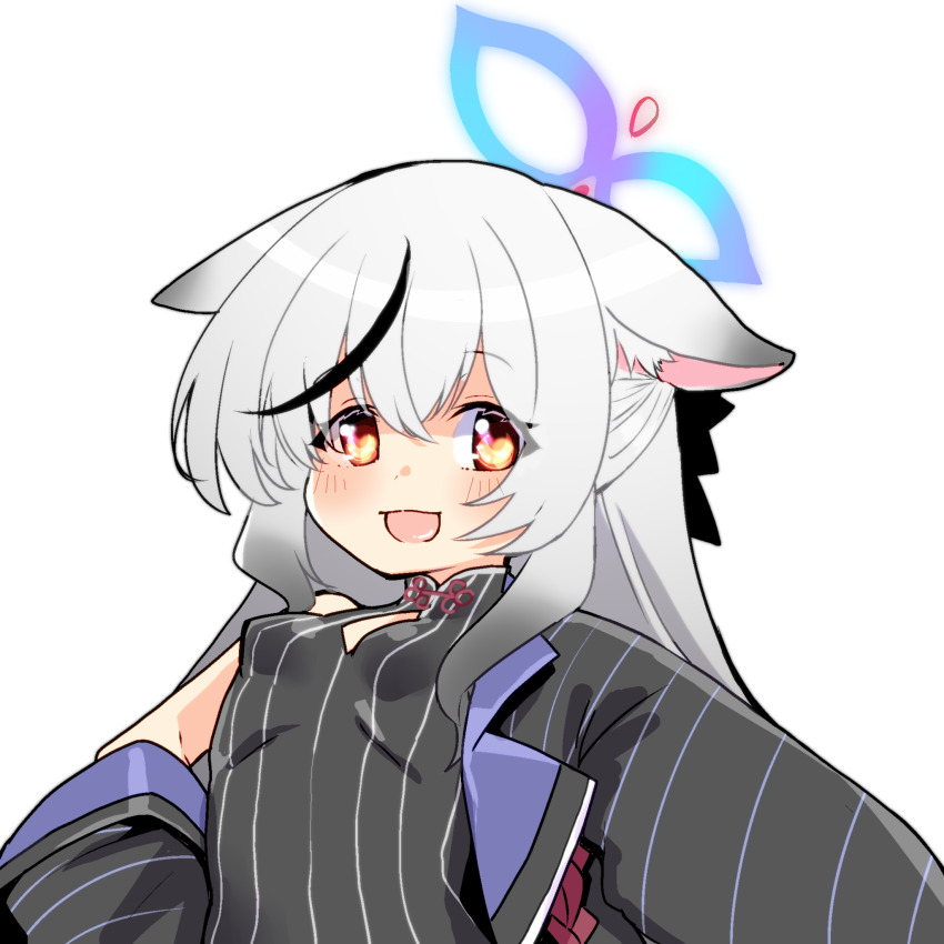 1girl animal_ears blue_archive china_dress chinese_clothes dress grey_hair halo highres kokona_(blue_archive) looking_at_viewer mengnaidu smile solo upper_body