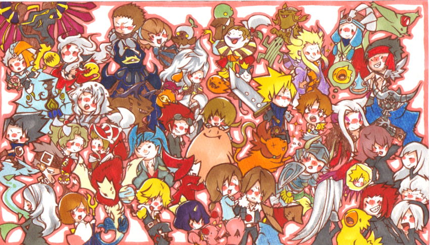 +_+ 00s 1980s_(style) 1990s_(style) 6+boys 6+girls annotation_request arrow_(symbol) bad_id bad_pixiv_id bahamut_(final_fantasy) black_coat_(kingdom_hearts) blonde_hair blue_hair boco bomb_(final_fantasy) bow braska brown_hair buster_sword bartz_klauser cait_sith_(final_fantasy) carbuncle_(final_fantasy) cecil_harvey cefca_palazzo character_request chibi chocobo cloud_of_darkness cloud_strife crisis_core_final_fantasy_vii dissidia_final_fantasy dragon_quest eiko_carol emperor_(ff2) everyone exdeath fang final_fantasy final_fantasy_i final_fantasy_ii final_fantasy_iv final_fantasy_ix final_fantasy_v final_fantasy_vi final_fantasy_vii final_fantasy_vii_advent_children final_fantasy_viii final_fantasy_x final_fantasy_xi final_fantasy_xii freija_crescent firion frog gabranth gabranth_(ff12) garland_(ff1) goggles goggles_on_head golbez horns ifrit jecht kadaj kingdom_hearts kuja laguna_loire loz marluxia moogle multiple_boys multiple_girls oldschool onion_knight open_mouth organization_xiii red_hair red_xiii reno_(ff7) retro_artstyle sabotender sephiroth seymour_guado shantotto shield shiro_(reptil) single_horn slime_(dragon_quest) slime_(substance) smile sparkle squall_leonhart square_enix sword tidus tina_branford tonberry ultimecia valefor vivi_ornitier warrior_of_light_(ff1) weapon yazoo yuna yuna_(ff10) zack_fair