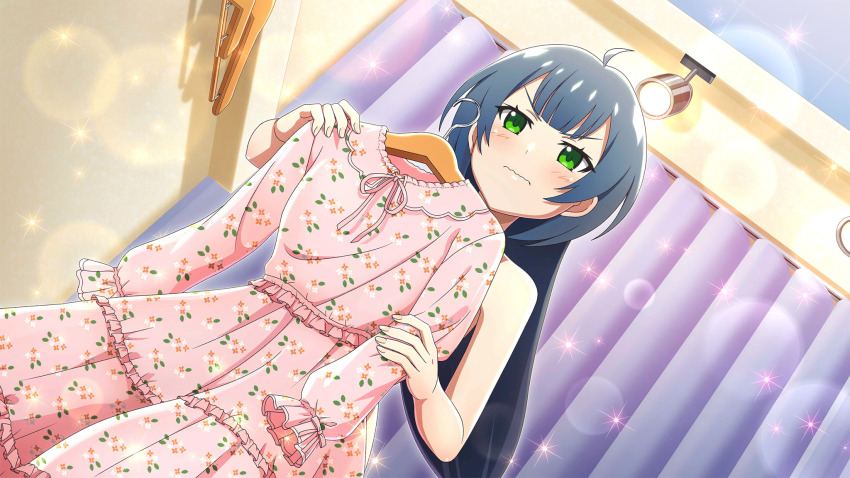 1girl ahoge blue_hair closed_mouth clothes_hanger cowboy_shot curtains dress dutch_angle embarrassed fitting_room floral_dress frilled_dress frills game_cg green_eyes highres higurashi_no_naku_koro_ni higurashi_no_naku_koro_ni_mei holding holding_unworn_clothes holding_unworn_dress indoors kurosawa_chisame lens_flare long_hair looking_ahead non-web_source official_art pink_dress solo sparkle standing unworn_dress wavy_mouth