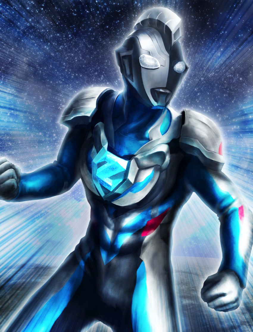 1boy absurdres alien clenched_hands fighting_stance glowing glowing_eyes highres looking_to_the_side male_focus robuja solo tokusatsu ultra_series ultraman_z ultraman_z_(original) ultraman_z_(series) white_eyes