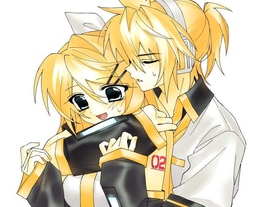 1boy 1girl 2000s_(style) blonde_hair blue_eyes blush detached_sleeves highres hynn0x_x kagamine_len kagamine_rin kagamine_rin_(future_style) necktie ponytail smile vocaloid yellow_necktie