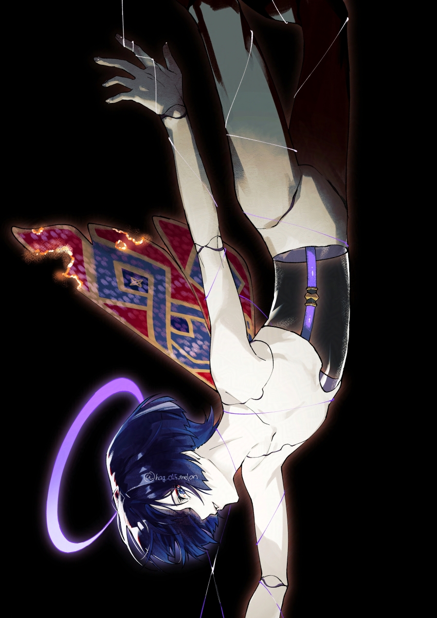 1boy absurdres arm_at_side arm_up black_background blue_eyes blue_hair blunt_ends bright_pupils burning cable cape completely_nude doll_joints eyeliner eyeshadow from_side genshin_impact gold_trim hag_(hag_015) halo highres joints looking_at_viewer makeup male_focus nude open_hand outstretched_arm parted_lips puppet puppet_strings purple_halo reaching red_cape red_eyeliner red_eyeshadow scaramouche_(genshin_impact) sideways_mouth solo transparent twitter_username upside-down white_mouth white_pupils