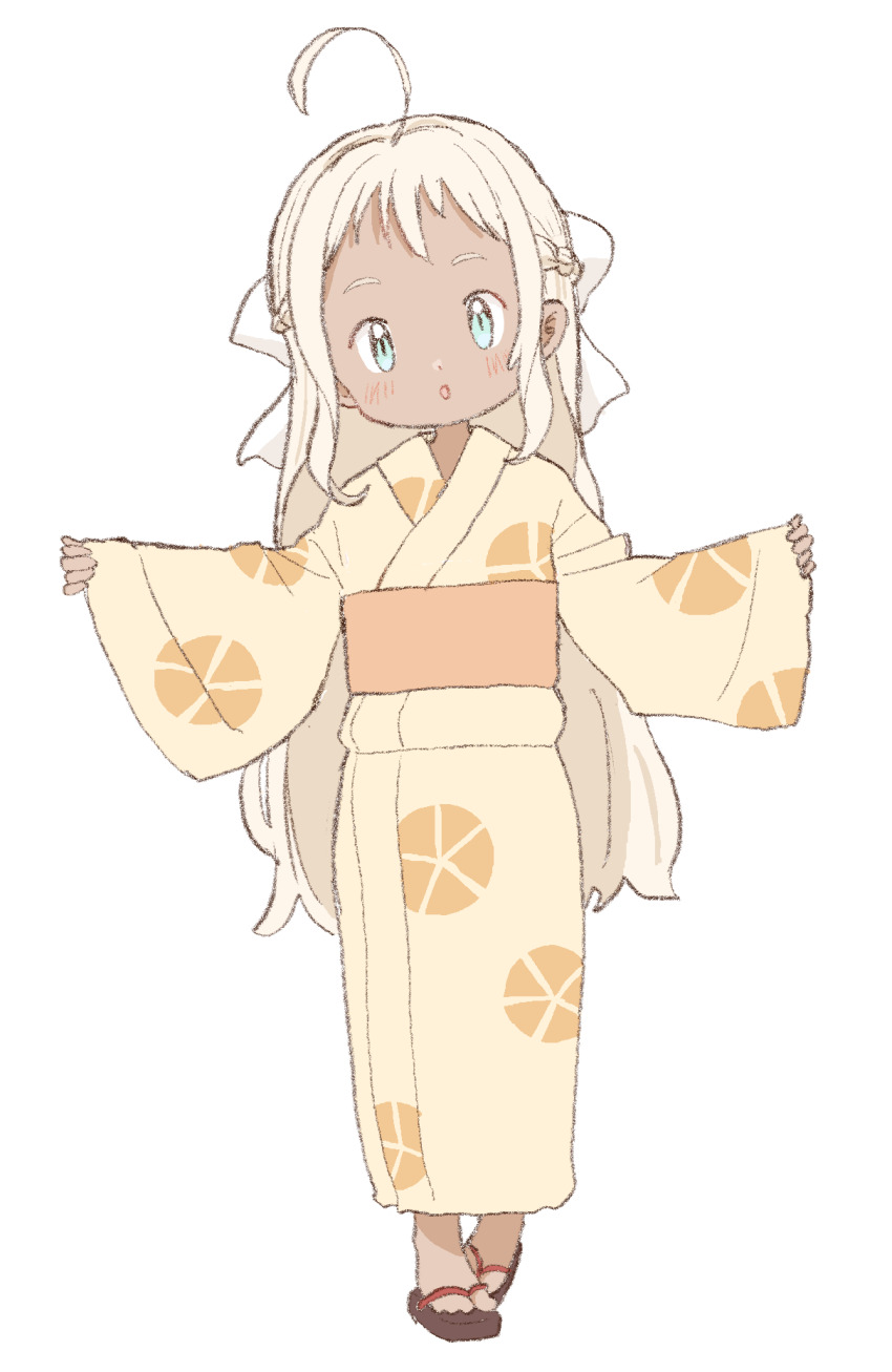 1girl :o ahoge blonde_hair blue_eyes borrowed_character bow child commission dark-skinned_female dark_skin hair_bow hands_up highres japanese_clothes kimono long_hair looking_ahead looking_at_viewer orange_sash original pale_color pinching_sleeves print_kimono second-party_source short_bangs simple_background skeb_commission solo standing straight-on very_long_hair white_background white_bow yakumo_kaga yellow_kimono