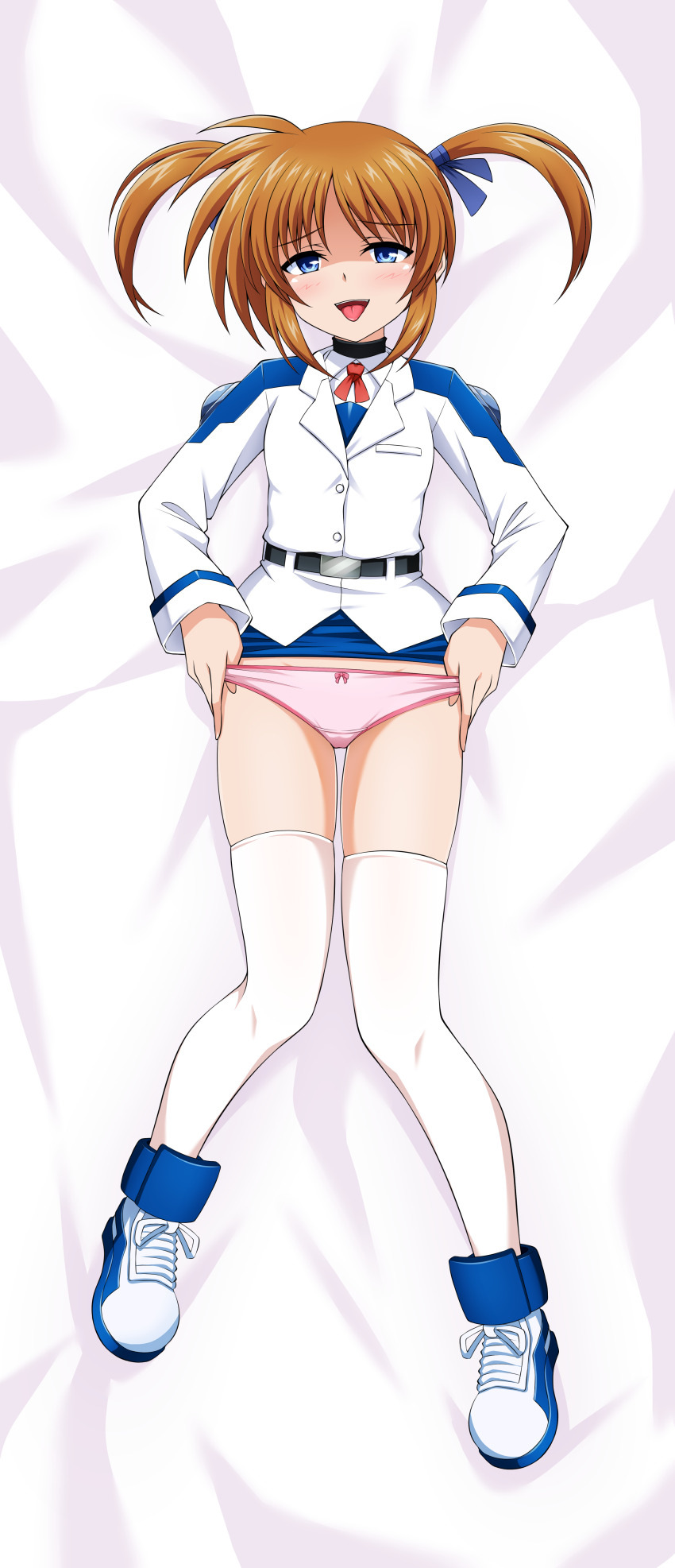 1girl absurdres blue_eyes blush breasts brown_hair clothes_lift hair_ribbon highres looking_at_viewer lyrical_nanoha mahou_shoujo_lyrical_nanoha mahou_shoujo_lyrical_nanoha_a&#039;s military_uniform miniskirt open_mouth oshimaru026 panties pink_panties ribbon short_hair skirt skirt_lift small_breasts smile solo takamachi_nanoha thighhighs tongue tongue_out tsab_air_military_uniform twintails underwear white_thighhighs