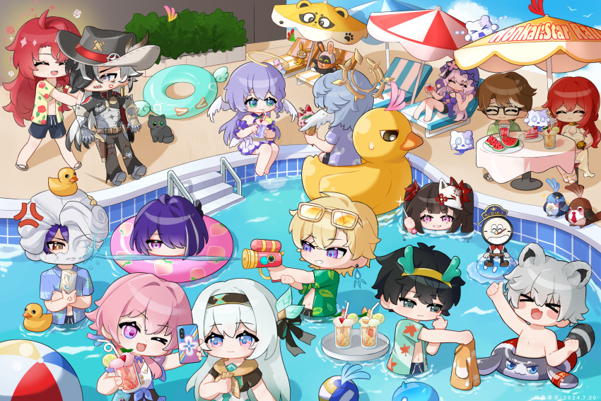 &gt;_&lt; 6+boys 6+girls acheron_(honkai:_star_rail) anemo_slime_(genshin_impact) anger_vein argenti_(honkai:_star_rail) aventurine_(honkai:_star_rail) bangboo_(zenless_zone_zero) black_hair black_hairband black_shorts black_swan_(honkai:_star_rail) blue_hair blue_sky boothill_(honkai:_star_rail) brown_hair carecrmal character_request chibi chibi_only clockie_(honkai:_star_rail) closed_eyes copyright_name cyborg dan_heng_(honkai:_star_rail) dr._ratio_(honkai:_star_rail) dress drink fake_horns firefly_(honkai:_star_rail) firing food fox_mask fruit genshin_impact glasses green_eyes hair_over_one_eye hairband hawaiian_shirt head_wings highres himeko_(honkai:_star_rail) holding holding_water_gun homu_(honkai_impact) honkai:_star_rail honkai_(series) honkai_impact_3rd horns innertube long_hair march_7th_(honkai:_star_rail) mask mask_on_head mihoyo multicolored_eyes multiple_boys multiple_girls one_eye_closed origami_bird_(honkai:_star_rail) partially_submerged pink_hair pink_innertube pom-pom_(honkai:_star_rail) pool purple_eyes purple_hair purple_veil red_hair robin_(honkai:_star_rail) rubber_duck selfie shirt short_hair shorts sky slime_(genshin_impact) sparkle_(honkai:_star_rail) sunday_(honkai:_star_rail) swim_ring tropical_drink two-tone_eyes veil water_gun watermelon welt_yang white_dress wings wubbaboo_(honkai:_star_rail) zenless_zone_zero