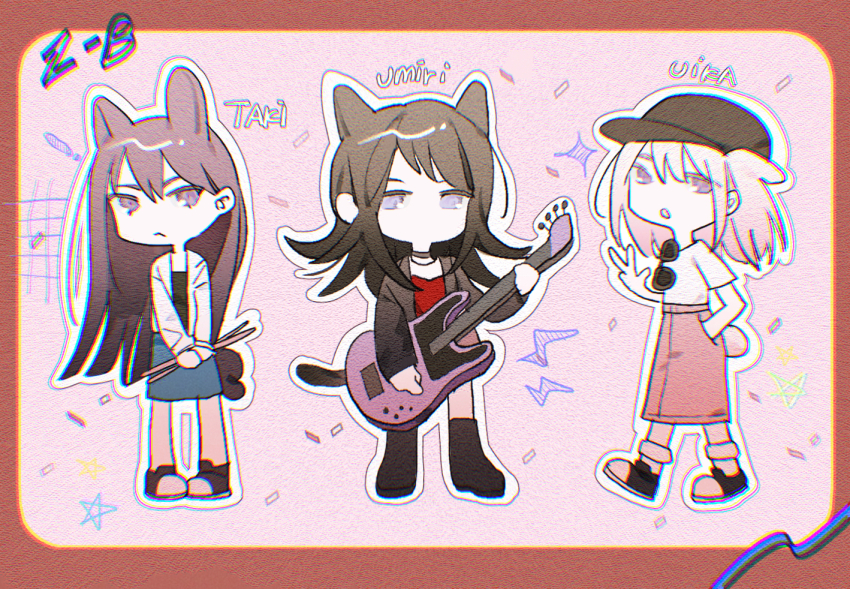 3girls 5-string_bass_guitar :&lt; animal_ears bang_dream! bang_dream!_it&#039;s_mygo!!!!! baseball_cap bass_guitar black_boots black_choker black_hat black_jacket black_shirt black_shoes blonde_hair blue_eyes blue_skirt boots brown_skirt cat_ears cat_girl cat_tail character_name chibi choker commentary dog_ears dog_girl dog_tail drumsticks extended_range_bass_guitar grey_skirt hair_between_eyes hat holding holding_drumsticks instrument jacket kemonomimi_mode misumi_uika multiple_girls open_mouth outline purple_eyes red_shirt reiboubyou shiina_taki shirt shoes short_sleeves skirt sunglasses tail unworn_eyewear white_jacket white_outline white_shirt yahata_umiri