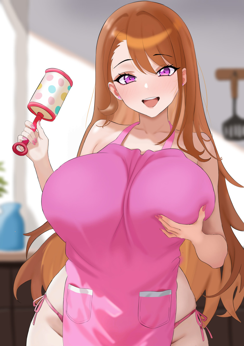1girl absurdres amadeuslight apron breasts brown_hair commentary earrings english_commentary heart highres hijiri_ageha hirogaru_sky!_precure holding holding_rattle huge_breasts jewelry long_hair nearly_naked_apron open_mouth orange_hair panties pink_panties precure purple_eyes rattle side-tie_panties smile solo underwear upper_body very_long_hair