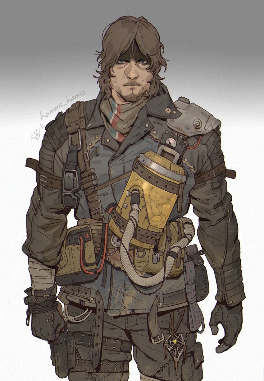 1boy bb-28 belt brown_eyes brown_hair brown_jacket brown_pants commentary death_stranding english_commentary facial_hair goatee grey_background hamms_hamss highres jacket long_sleeves looking_at_viewer male_focus medium_hair military_uniform mole pants post-apocalypse sam_porter_bridges solo