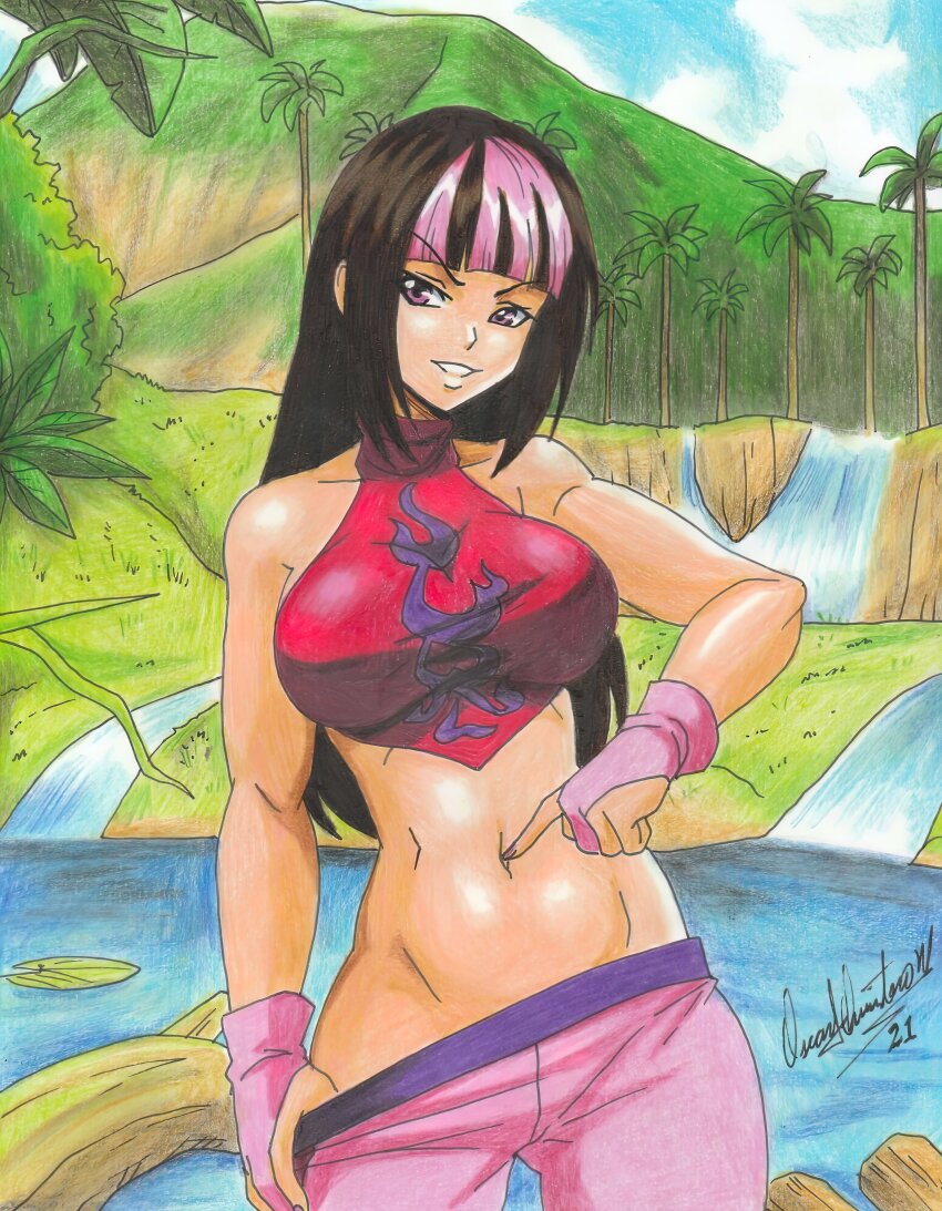 1girl 2021 absurdres black_hair blunt_bangs breasts capcom commission cowboy_shot female_focus fingerless_gloves gloves han_juri highres hime_cut lake large_breasts midriff mountain multicolored_hair nail_polish navel navel_fingering palm_tree pants pants_partially_removed pink_eyes pink_hair ravernclouk_design shirt sleeveless sleeveless_shirt solo sportswear stomach street_fighter street_fighter_v traditional_media tree turtleneck_crop_top two-tone_hair water waterfall yoga_pants