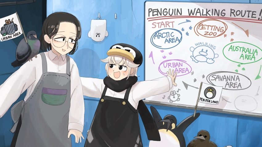 2girls :d absurdres bird black_eyes black_hair black_overalls black_scarf commentary diva_(hyxpk) donut_stamp duck english_commentary flag glasses grey_hair grey_overalls hat highres king_penguin multiple_girls open_mouth overalls penguin penguin_chick penguin_hat penguin_keeper_(diva) pigeon round_eyewear scarf seal_puppet shirt short_hair slice_of_life smile urban_area_keeper_(diva) white_shirt whiteboard zoo zookeeper zookeepers_(diva)
