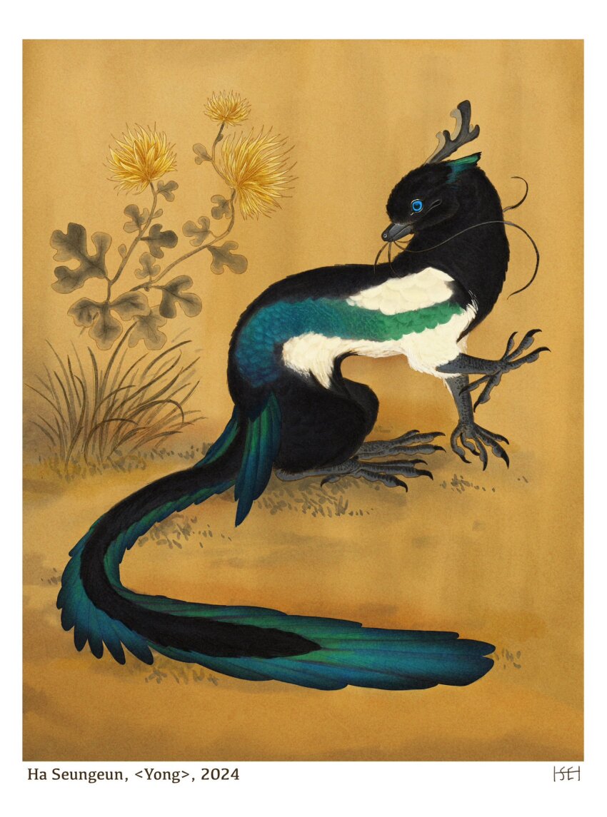 animal_focus artist_name border brown_background commentary dated dragon english_commentary feathers flower full_body grass ha_seungeun_(hawdy) highres magpie no_humans original signature sitting solo white_border yellow_flower