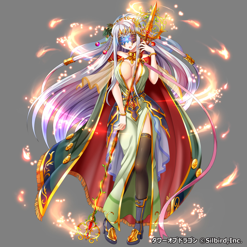 1girl :d absurdres anklet black_thighhighs blindfold blue_boots boots breasts character_request cleavage dress female_focus fire full_body grey_background hair_tubes highres holding holding_weapon jewelry lance large_breasts long_hair open_mouth polearm side_slit silver_hair simple_background smile solo spear standing thighhighs thighs tower_of_dragon very_long_hair violetshit weapon