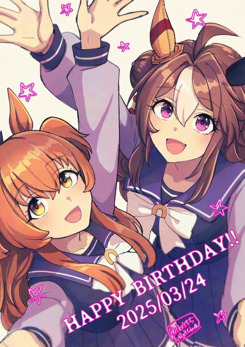2girls animal_ears arms_up birthday_connection bow bowtie breasts brown_hair copano_rickey_(umamusume) dated fang hair_bun happy_birthday hi_(ibisf5umauma) highres horse_ears long_hair long_sleeves looking_at_viewer looking_up mayano_top_gun_(umamusume) multiple_girls open_mouth orange_hair outstretched_arms pink_eyes purple_shirt purple_skirt sailor_collar school_uniform shirt skirt small_breasts smile standing star_(symbol) tracen_school_uniform two_side_up umamusume yellow_background yellow_eyes