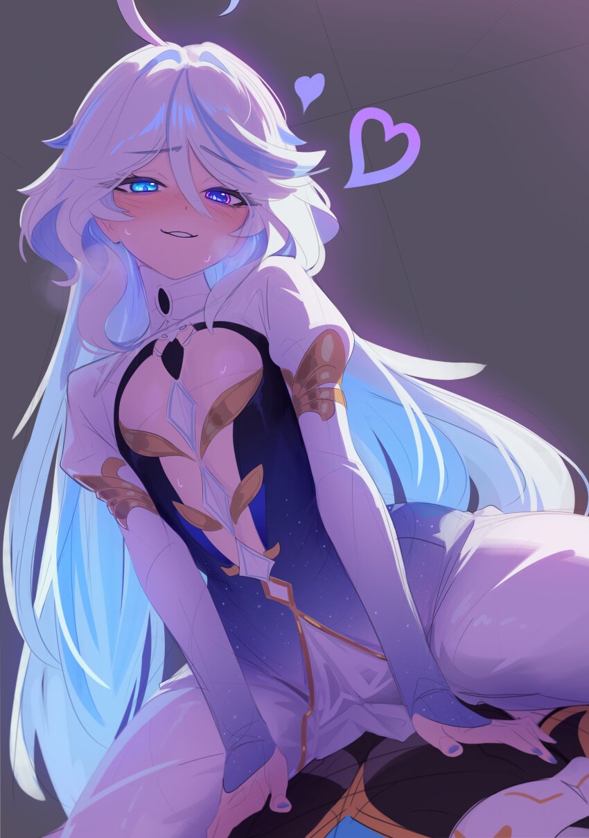 1boy 1girl absurdres blue_dress blue_eyes blue_hair blush center_opening cowlick daniel_deves dress flat_chest furina_(genshin_impact) genshin_impact girl_on_top gold_trim gradient_clothes grin highres long_sleeves looking_at_viewer multicolored_hair sitting sitting_on_person smile solo_focus straddling streaked_hair swept_bangs thighs white_dress white_hair
