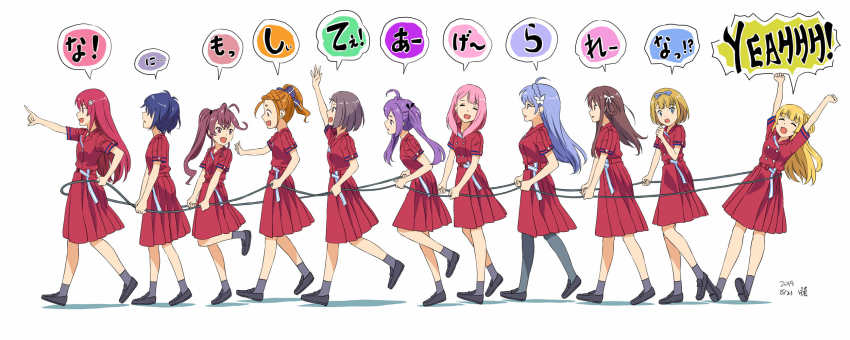 22/7 6+girls arms_up belt blonde_hair blue_eyes bow braid brown_eyes brown_hair dated dress everyone flower from_side fujima_sakura full_body glasses hair_flower hair_ornament hair_ribbon hair_rings high_ponytail highres hiiragi_tsubomi jacket kamiki_mikami kono_miyako long_hair looking_at_viewer maruyama_akane multiple_girls nani_mo_shiteagerarenai open_mouth outstretched_arms pink_hair pizza_man pleated_dress pointing pointing_forward ponytail purple_eyes purple_hair red_dress red_eyes red_hair ribbon saito_nicole sato_reika short_hair short_sleeves side_ponytail simple_background smile speech_bubble tachikawa_ayaka takigawa_miu toda_jun tojo_yuki twintails walking white_background