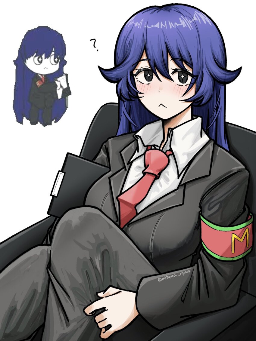 1girl ? black_pants black_suit blue_hair blush bongbong_(project_moon) breasts closed_mouth collared_shirt commentary dot_nose employee_(project_moon) english_commentary formal_clothes highres large_breasts lobotomy_corporation mitama_nyan multiple_views necktie nugget_(project_moon) pants project_moon red_necktie shirt suit white_background white_shirt