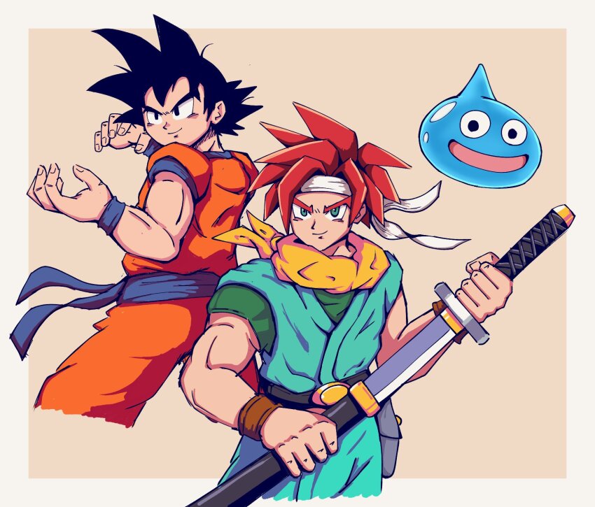 2boys belt blue_sash blue_shirt blue_skin blue_tunic chrono_trigger colored_skin creator_connection crono_(chrono_trigger) dougi dragon_ball dragon_quest dragonball_z fighting_stance headband highres holding holding_sword holding_weapon katana medium_hair multiple_boys orange_pants orange_shirt pants red_hair sash shirt slime_(creature) slime_(dragon_quest) son_goku spiked_hair surrealmason sword tunic weapon white_headband