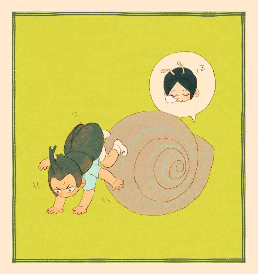 2boys antennae arthropod_boy beetle_boy black_eyes black_hair blue_shirt carapace character_request chengongzi123 closed_eyes commentary deformed extra_arms green_background haikyuu!! handstand highres male_focus monsterification multiple_boys nose_bubble open_mouth shell shirt shoes short_hair shorts simple_background sleeping snail_boy snail_shell symbol-only_commentary very_short_hair white_footwear white_shorts zzz