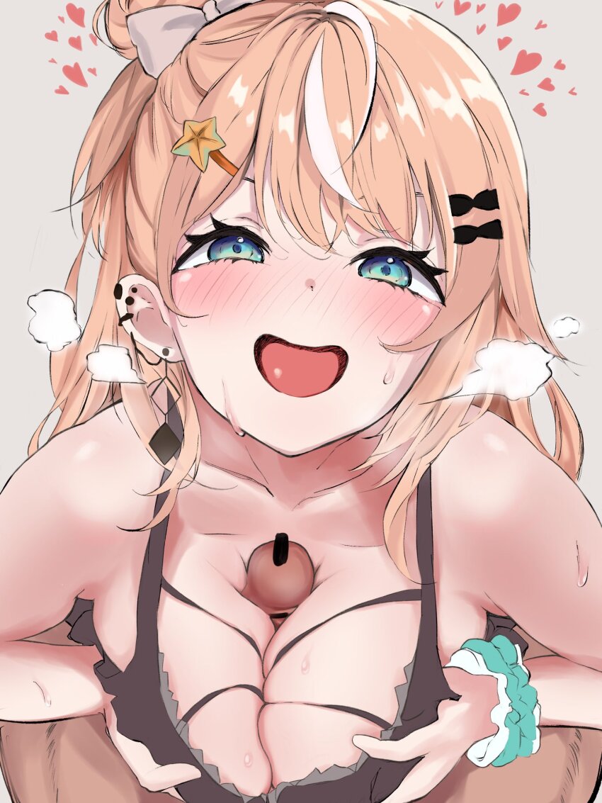 1girl asymmetrical_hair bar_censor bare_shoulders black_dress blue_eyes blush bow breasts breasts_squeezed_together breath censored cleavage collarbone dress ear_piercing hair_bow hair_bun hair_ornament hairclip half-closed_eyes heart hetero highres igarashi_rika large_breasts leaning_forward long_hair looking_at_viewer medium_breasts multi-strapped_shirt multicolored_hair nijisanji nose_blush open_mouth orange_hair paizuri penis piercing pov scrunchie shuubetsukouta single_side_bun skindentation smile solo_focus star_(symbol) star_hair_ornament streaked_hair sweat virtual_youtuber white_hair wrist_scrunchie