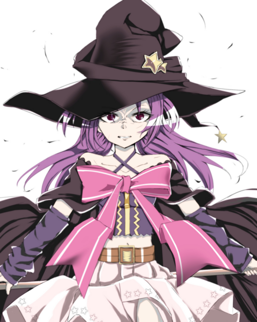 1girl angry arm_warmers bare_shoulders belt black_cape black_hat black_shirt black_sleeves bow brown_belt cape clenched_teeth crop_top detached_sleeves hat highres holding holding_weapon kure7753 long_hair looking_at_viewer magia_record:_mahou_shoujo_madoka_magica_gaiden magical_girl mahou_shoujo_madoka_magica misono_karin pink_ribbon pleated_skirt print_skirt purple_eyes purple_hair ribbon shirt simple_background skirt solo star_(symbol) star_print teeth weapon white_background white_skirt witch_hat yellow_gemstone