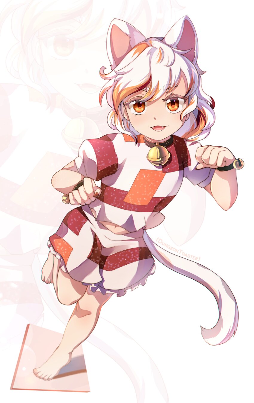 1girl :3 absurdres animal_ears barefoot bell breasts brown_shirt brown_shorts calico_(pattern) cat_ears cat_girl cat_tail dungeon_toaster fangs full_body goutokuji_mike highres jingle_bell medium_hair midriff multicolored_shirt multicolored_shorts multicolored_tail navel neck_bell orange_eyes orange_shirt orange_shorts patch patchwork_clothes paw_pose puffy_short_sleeves puffy_sleeves shirt short_sleeves shorts simple_background small_breasts solo standing standing_on_one_leg tail toes touhou white_background white_hair white_shirt white_shorts white_tail